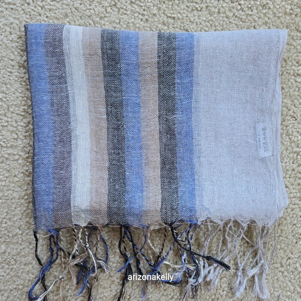 Linen Scarf Blue Grey Tan--Made in Paris